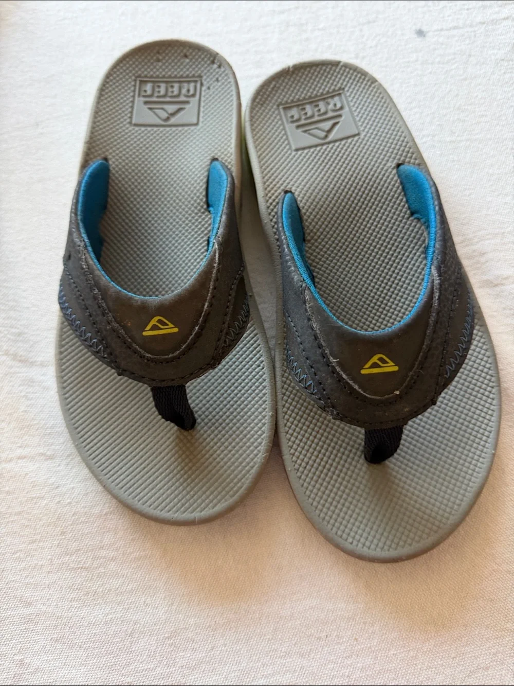 Reef Kids Gray and Blue Flip Flop Sandals with Yellow Accent
